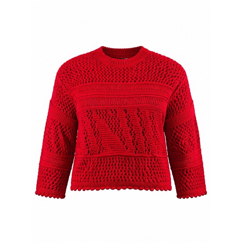 Zara Red Knit Crochet Sweater Pom Pom‎ Large tomato girl Pullover cropped cozy